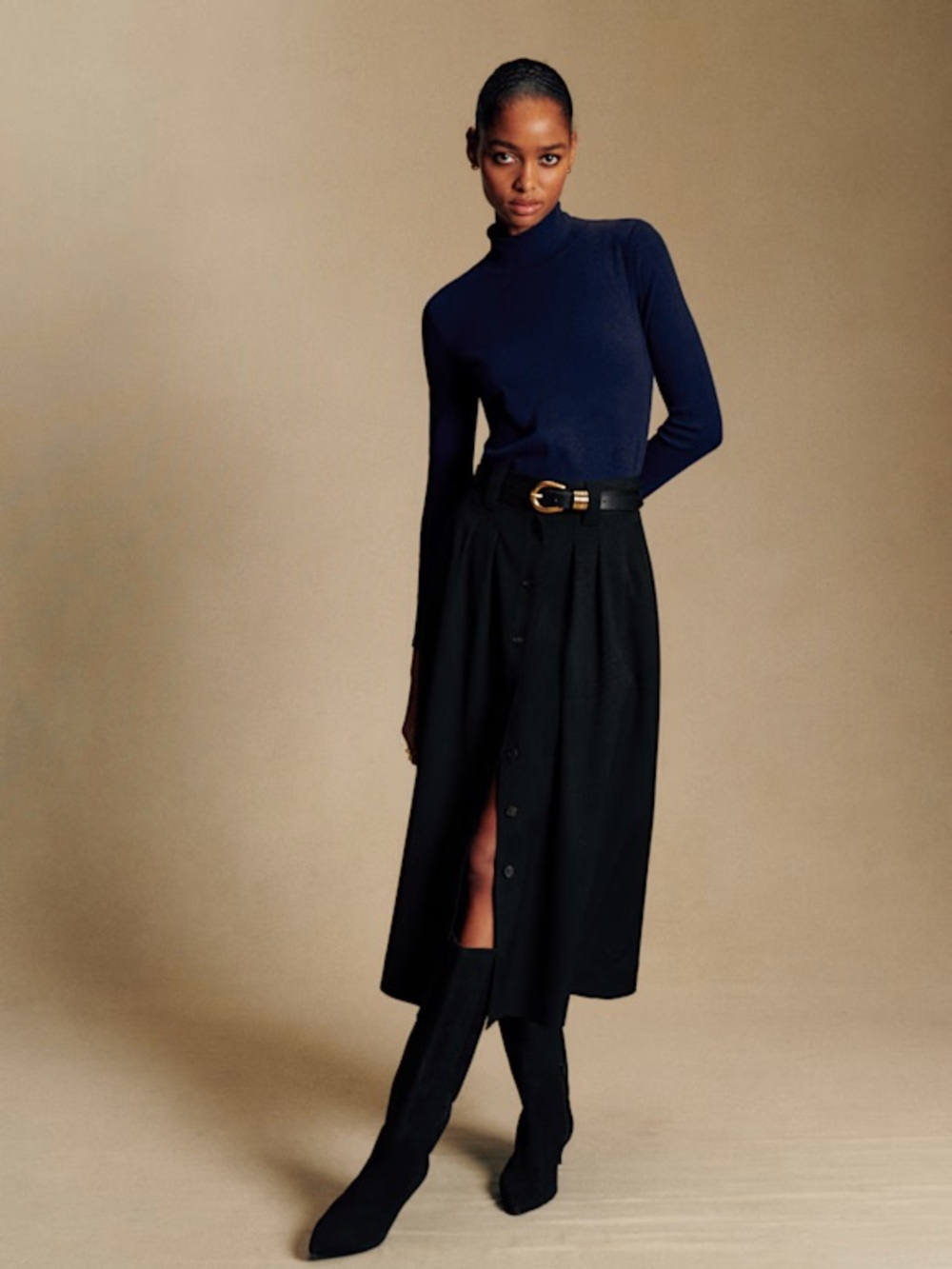 Sézane Clarine Black Flared Button-Front Midi Skirt Size EU 42 / US 10